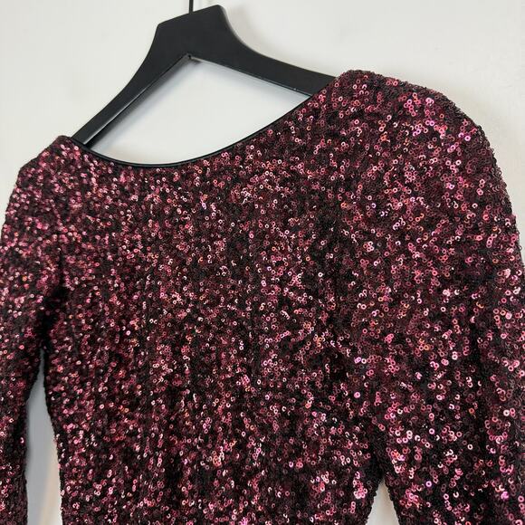 Dress the Population Sequins Mini Bodycon Open Back Dress Maroon Red - XS - Picture 3 of 9